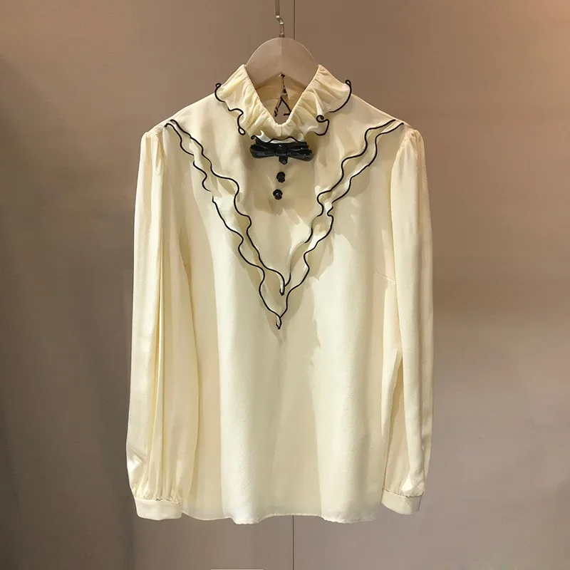 

Женская блузка из 100% натурального шелка, бежевая элегантная рубашка из лакированной кожи с длинными рукавами и оборками, с бантом, осень 2020