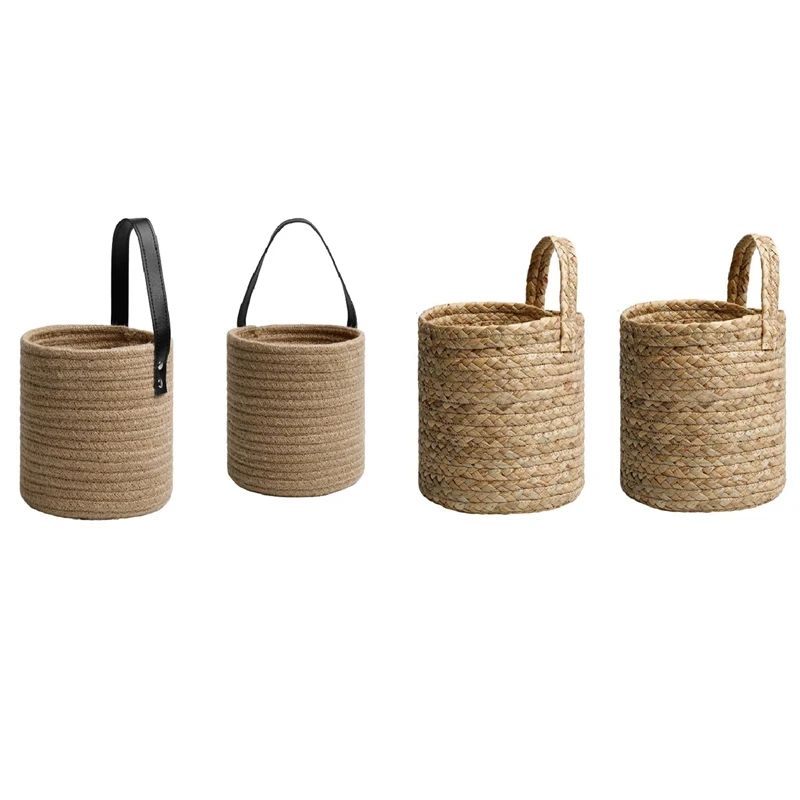 

2PCS Cotton Rope Woven Hanging Basket with 2PCS Grass Woven Hanging Basket,Hanging Storage Basket Bin