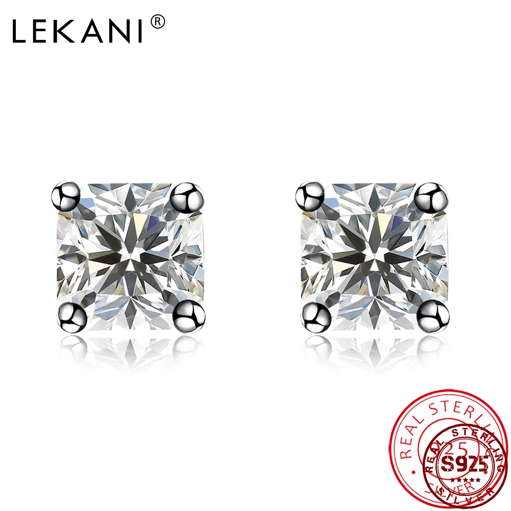 

LEKANI 925 Sterling Silver Earrings Women Geometry Square Shining Cubic Zirconia Stud Earring Hot Sale Female Fine Jewelry