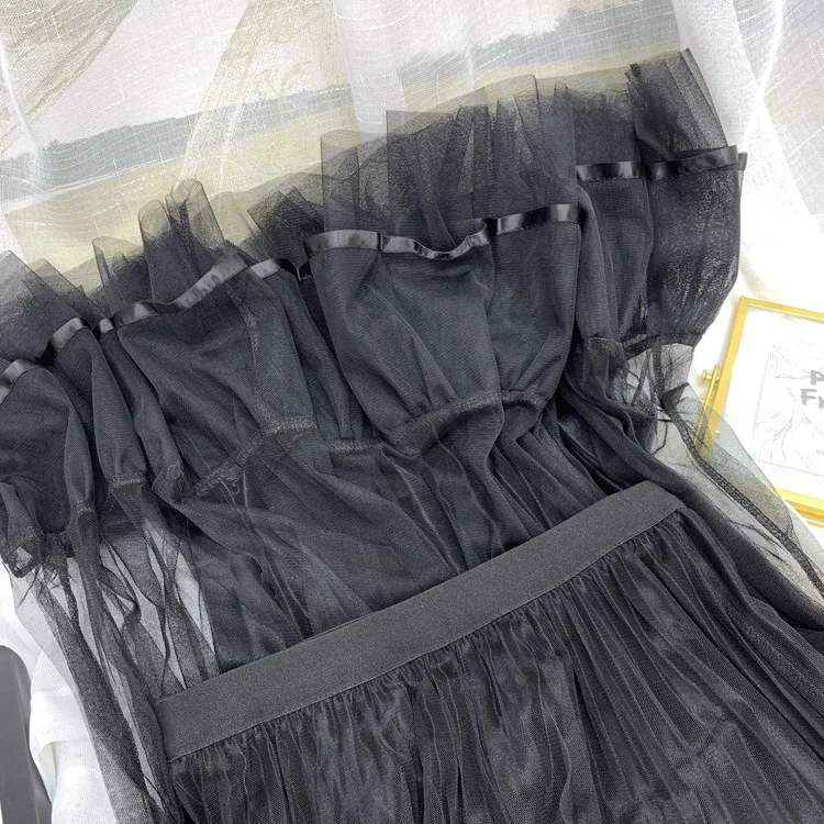 

2021 Spring and Summer New Women Skirts Ruffled Ribbon Gauze Skirt High Waist Double-layer Mesh Gauze Pleated Skirt
