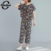oladivi oversized fashion print tshirt capris 2 pcs sets tracksuit women summer top bottom pant suit lady tee shirt trousers 3xl