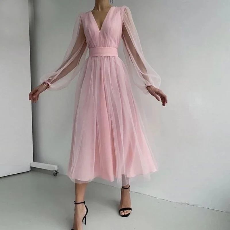 

New French Evening Dress Wedding Gown Mesh Deep V-neck Bubble Long Sleeves Simple And Adjustable