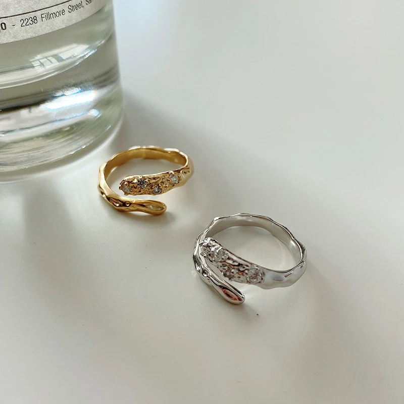 

POPACC 925 Sterling Silver Irregula Double layer Inlaid Zircons Ring for Women Light Luxury Open Ring Jewelry Gift