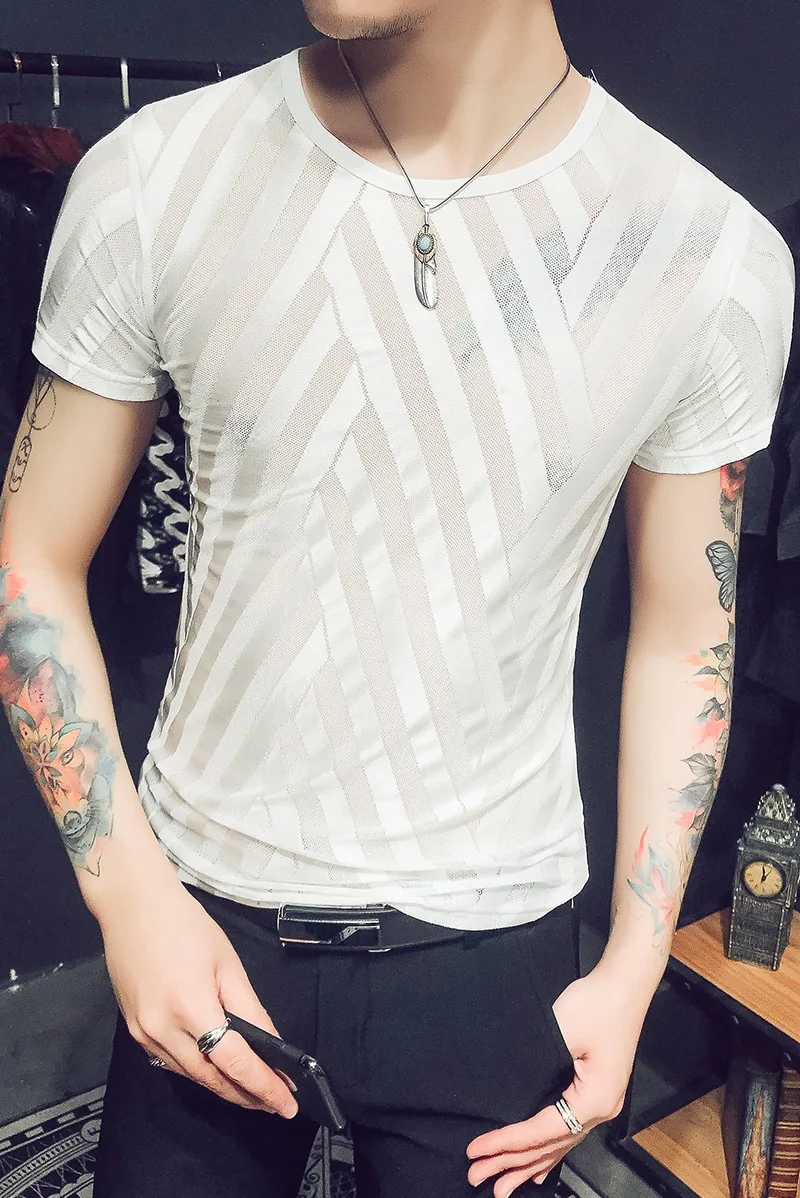 

Hit men T-shirt 2019 wind summer new fashion men's T-shirt hollow-out gauze short sleeve Business fashion t-shirt man hot