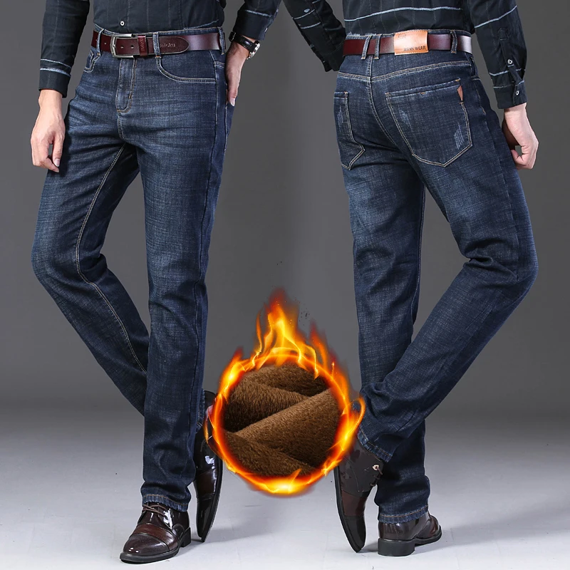NIGRITY мужские теплые флисовые джинсы стрейч повседневные Прямые джинсовые