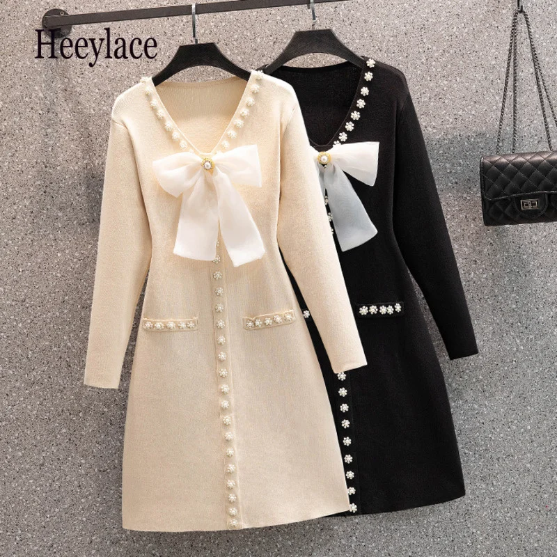 

Autumn Winter Warm Knitted Sweater Dresses French Vintage Long Sleeve Pearl Beading Bow V Collar Long Sleeve Vestidos