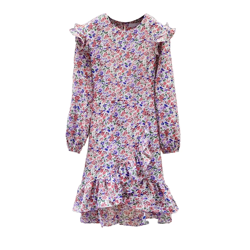 

2021 New Arrival Spring Autumn Women Long Sleeve Slim Mini Dress Sweet Ruffles Irregular Mermaid Hem Chiffon Floral Dress