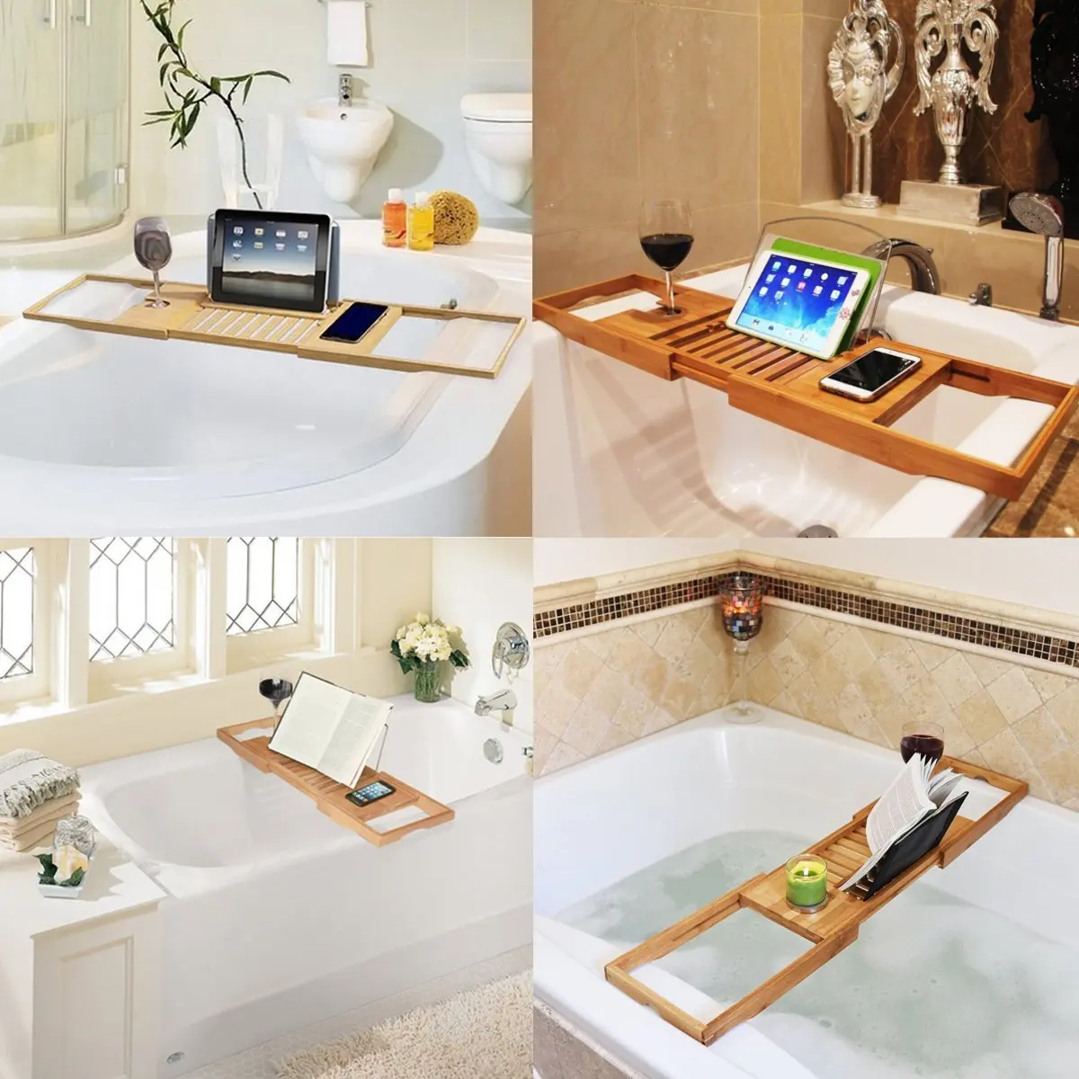 

New Luxury Bathroom Bamboo Bath Bathtub Shelf Bridge Tub Caddy Tray Rack Wine Glass Book Holder Retractable Bathtub Rack Support
