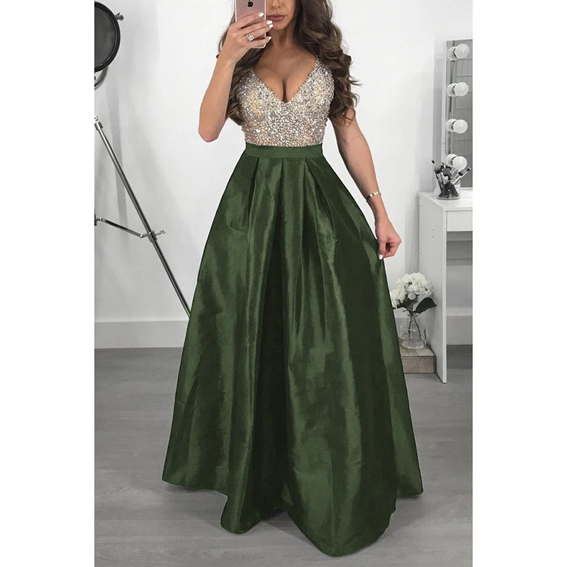 Elegant Sequin Formal Evening Party Dress Women A Line Long Occasion Dresses Vestido De Festa V Neck Sleveless Lady Prom Gowns |