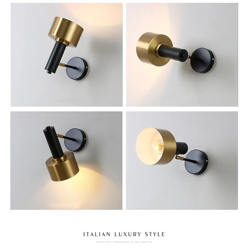

American Modern Hanging Bedside Wall Lamp E27 Base Black Gold Metal Wall Bracket Light for Bedroom Living Room Stair Lighting