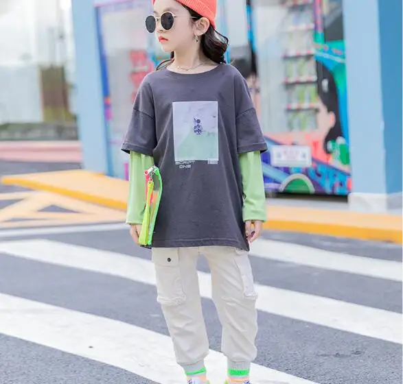 

Cultiseed Girls Autumn New Big Pockets Long Pants Big Children Girl Elastic Waist Loose Casual Pant Trousers Kids Cargo Pants