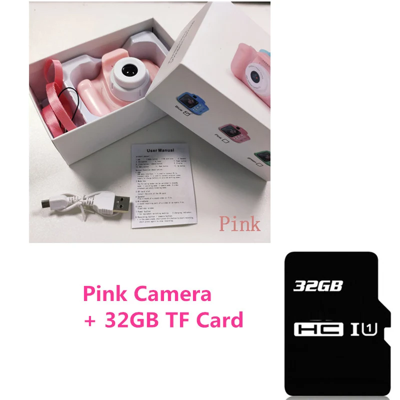 32GB Pink Camera Детская игрушечная мини-камера милый видеокамера Перезаряжаемые цифровой Камера с 2-дюймовым Экран дисплея Развивающие игрушки для детей игры на свежем воздухе - Цвет: 32GB Pink Camera