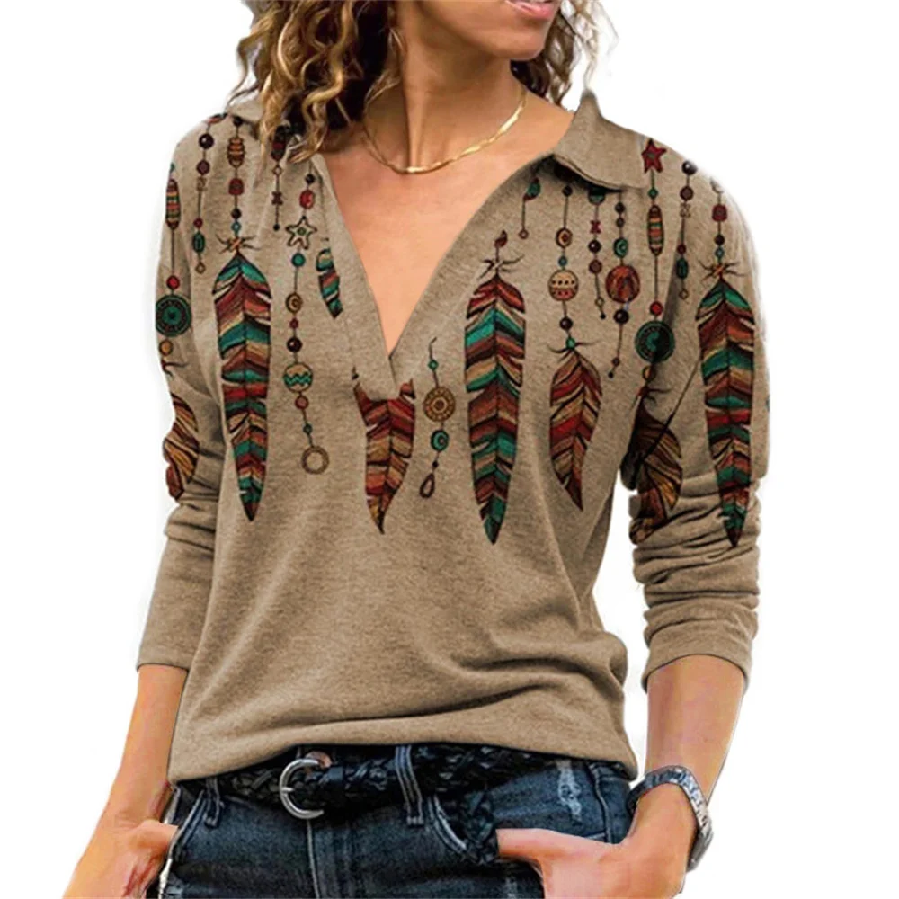

Women's Tee Shirt 2021 Autumn V Neck Lapel Long Sleeve Pullovers Vintage Printed T Shirt Casual Loose Tops for Women Streetwear