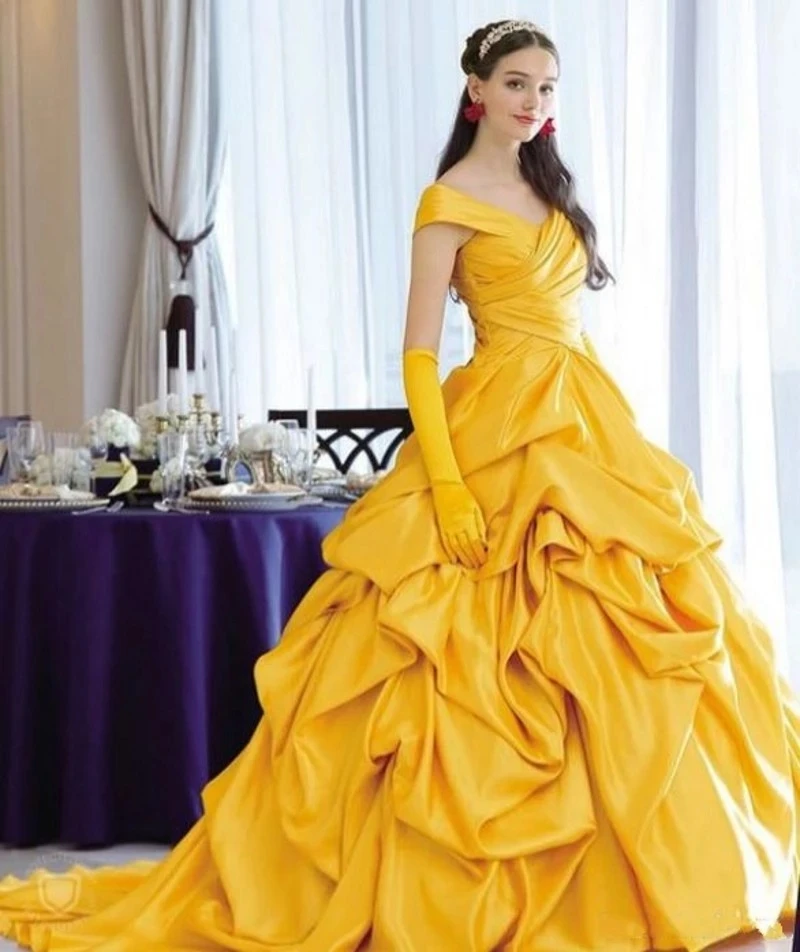 

Movie Yellow Evening Dresses 2021 Off Shoulder Pleat Ruffles Satin Long Engagement Party prom Dress Robe De Soire De Mariage