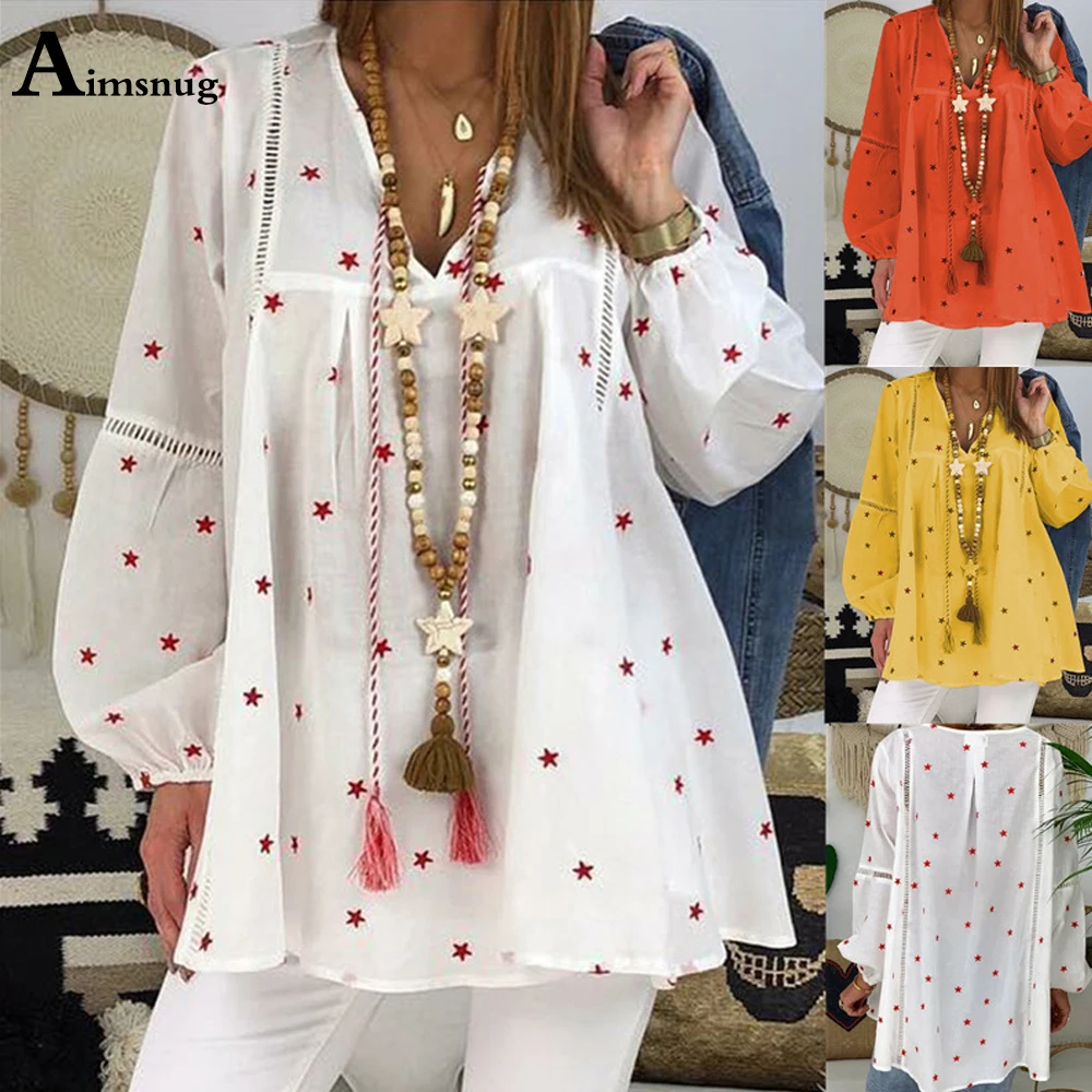 

Long Sleeve Basic Tops Ladies Elegant Clothing 2021 Simple Stars Print Blouses Shirt Women Summer Blouse Tunic Loose Blusas