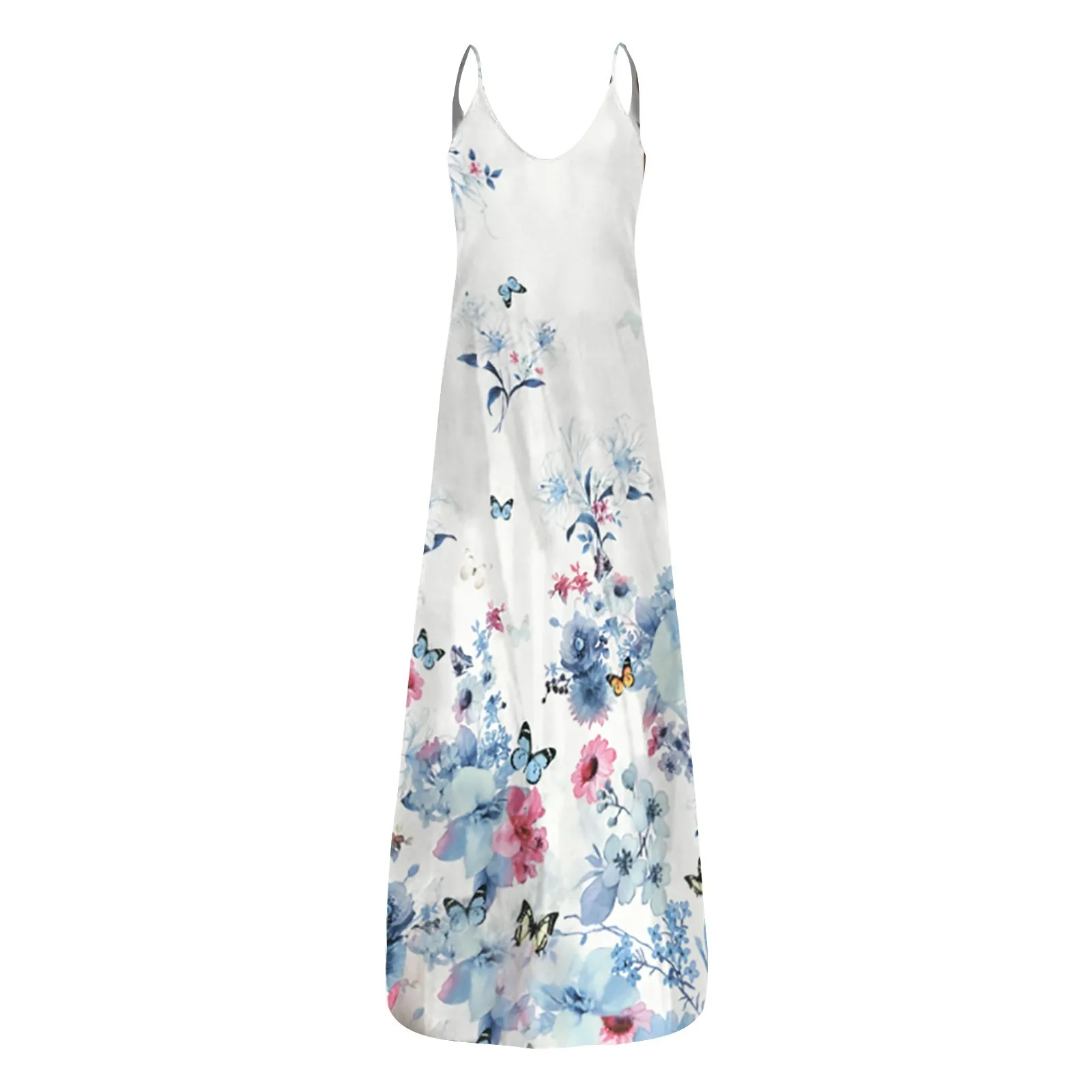 

40# Sexy Butterfly Printed Long Dress Sling Sleeveless Floor Length Dress Pocket Low Cut Dress Women Sexy Vintage Robe Femme