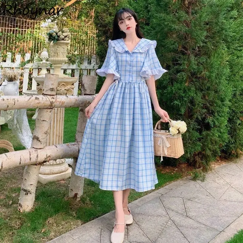 

Dress Women Oversize Elegant Flare Sleeve Popular Casual Newest Peter Pan Collar Holiday Plaid Minimalist Party Harajuku Preppy