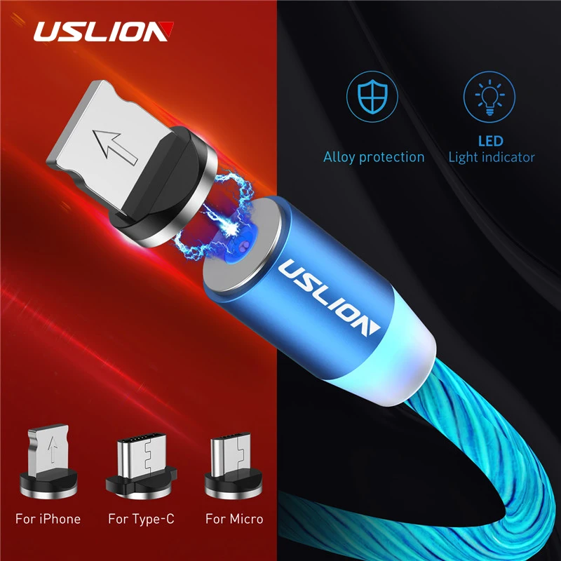 Светодиодный светящийся Магнитный usb-кабель USLION для iPhone, huawei, samsung, кабель USB type-C и зарядное устройство Micro usb для телефона, кабель-светильник