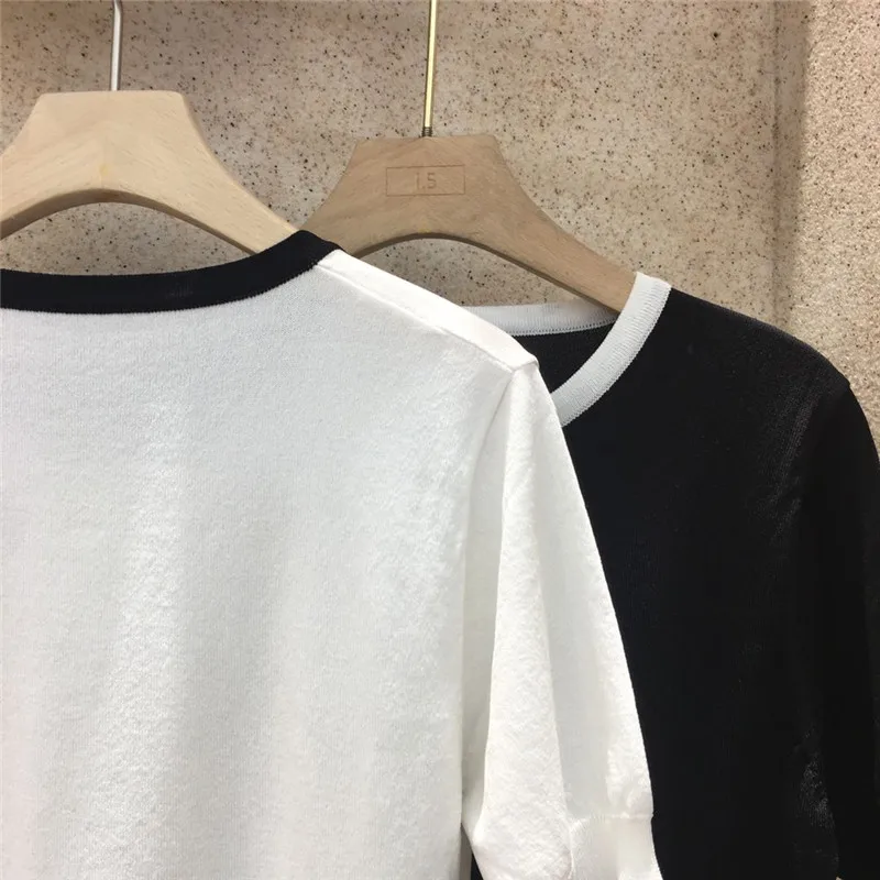 

2020 Casual Summer Sweater shirt Harajuku Women Tees Short Sleeve T-shirt Rose Beading Black Thin Vintage Tshirt Knitwear Mujer