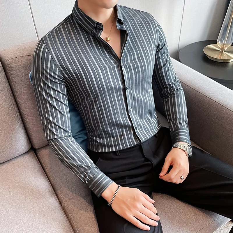 

Британский стиль полосатая Мужская рубашка с длинным рукавом Тонкая Повседневная деловая рубашка высокого качества офисная мужская одежд...