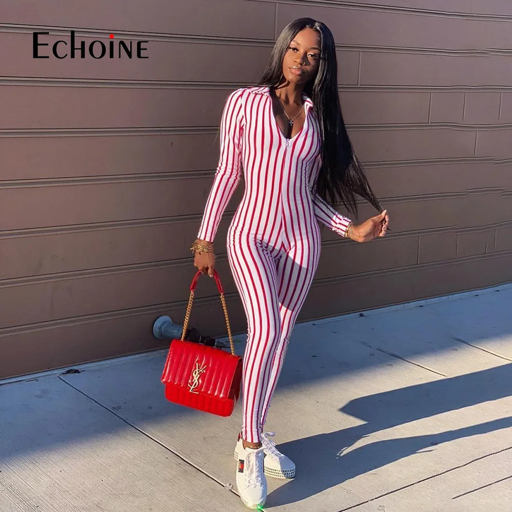 fashion sexy striped V-neck long sleeve slim jumpsuit 2019 New autumn women high waist streetwear club bodysuit female Overalls | Женская
