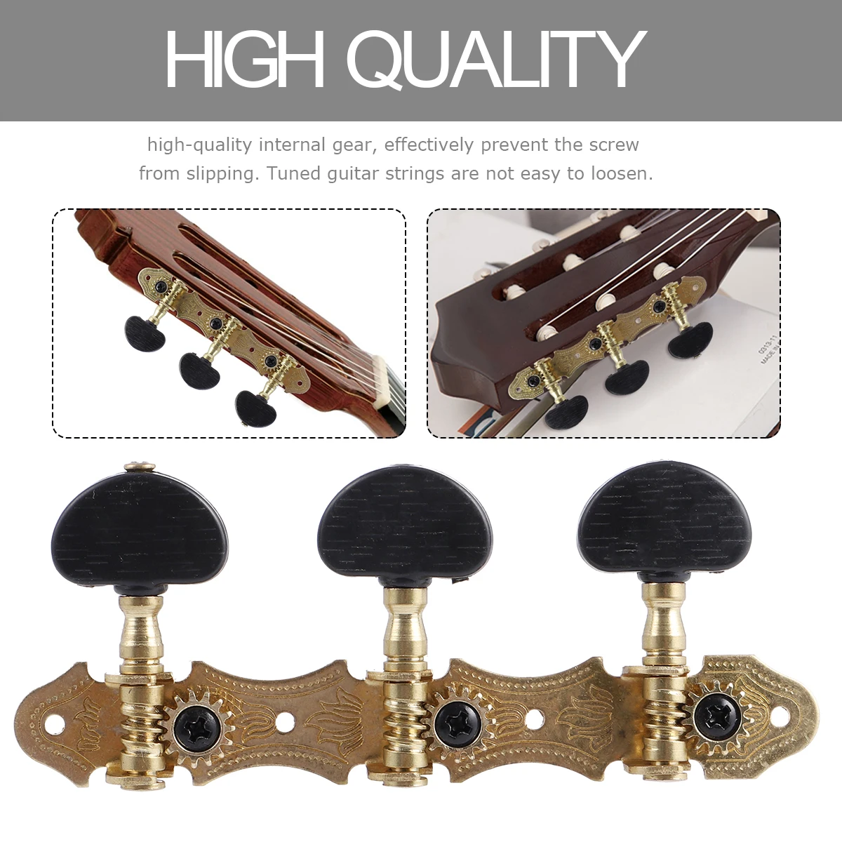 

2pcs Triple Button Classical Guitar String Tuning Pegs Tuners Machine Heads for 6 String Guitar (Black Head)