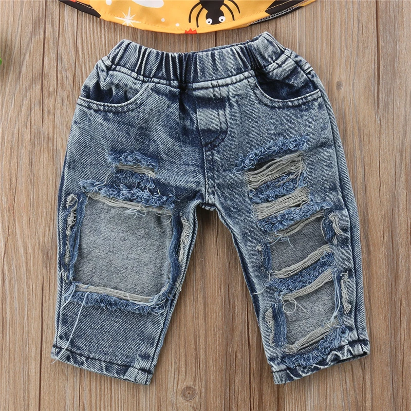 

AA Halloween Party Clothes Set New Fashion 2Pcs Toddler Baby Girls Butterfly Sleeve Off Shoulder Tops Denim Pants Outfits Sets