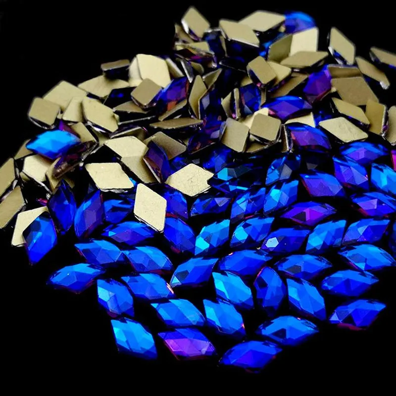 sapphire 10 шт ромбовидные кристаллы для ногтей AB Стразы драгоценные камни алмазное Золотое дно плоский задний камень 6*10 мм 3D амулеты аксессуары для ногтей - Цвет: sapphire