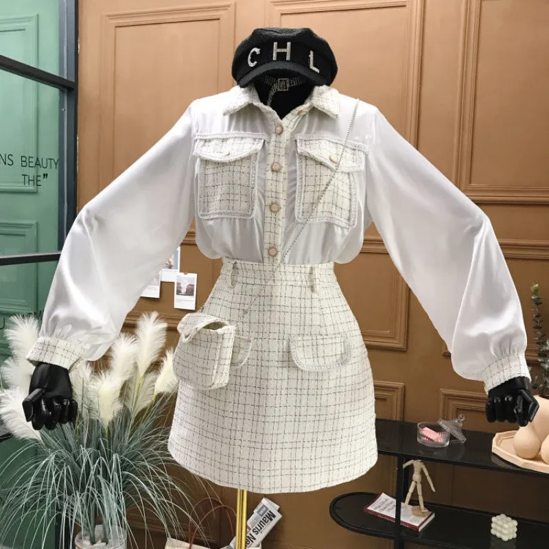 

Женский клетчатый костюм из двух предметов, твидовая шифоновая рубашка в стиле пэчворк с рукавами-фонариками, шерстяная юбка-трапеция, Женс...