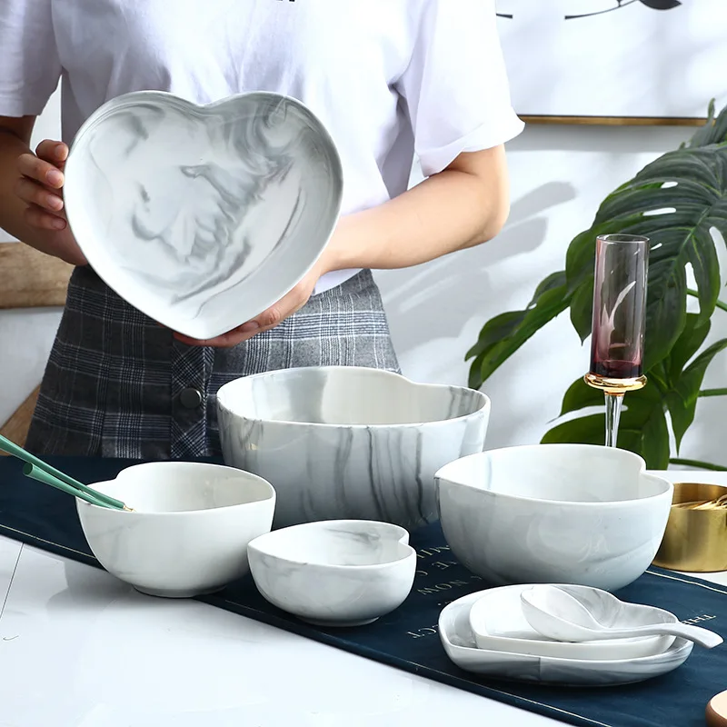 

Marble Heart Shape Dinner Plate Bowl Spoon Set Food Dessert Salad Soup Ramen Noodle Dish Tray Ceramic Crockery Dinnerware