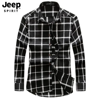 JEEP SPIRIT весна осень Мужская рубашка модная клетчатая хлопковая рубашка с длинными рукавами мужские деловые повседневные мужские рубашки - Цвет: Black