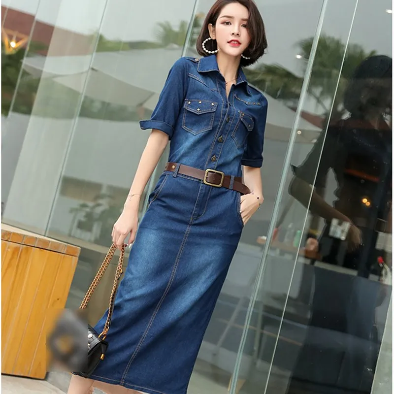 3Xl осень весна женское плюс размер офисное джинсовое платье Ковбойское с поясом
