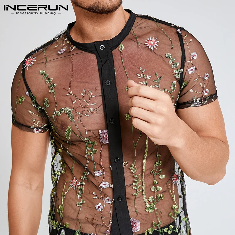 2022 Fashion Men Mesh Shirts Embroidered Short Sleeve Sexy See Through Tops Button Breathable Party Nightclub Shirts INCERUN 5XL