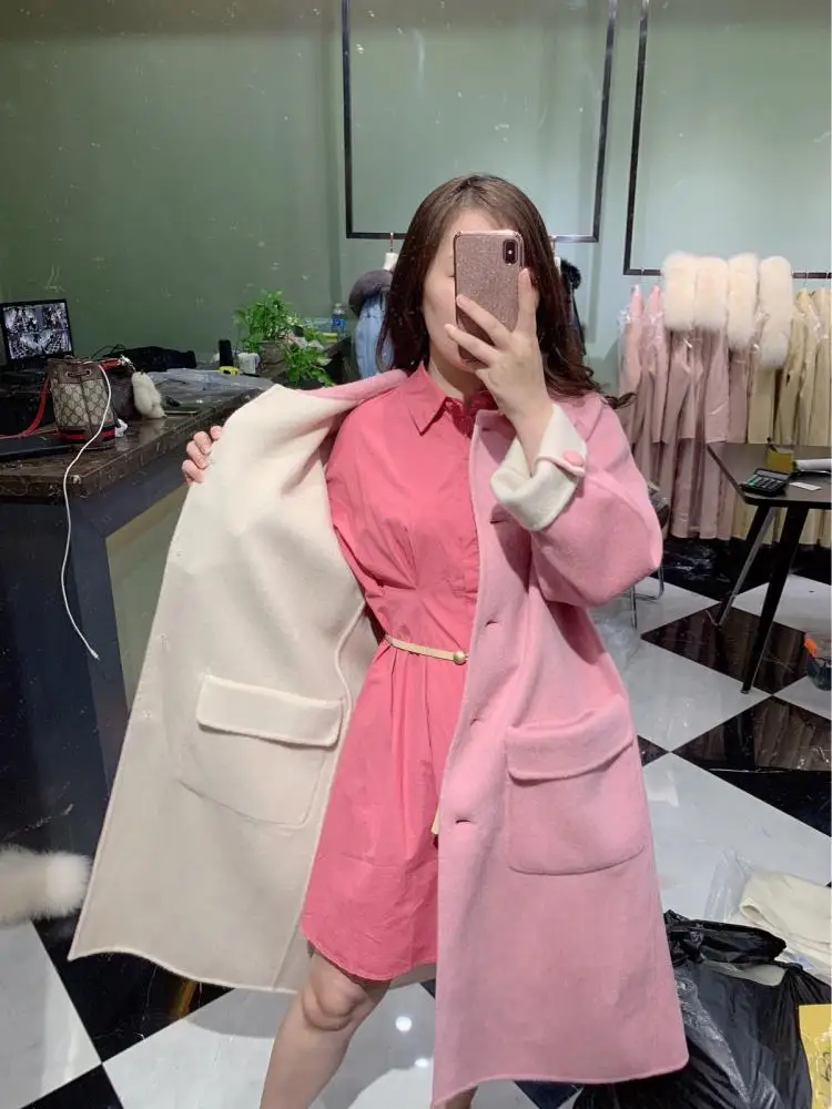 OFTBUY 2021 Real Fur Coat Winter Jacket Women Natural Fox Collar Cashmere Wool Blends x-Long Outerwear Streetwear Korea | Женская одежда