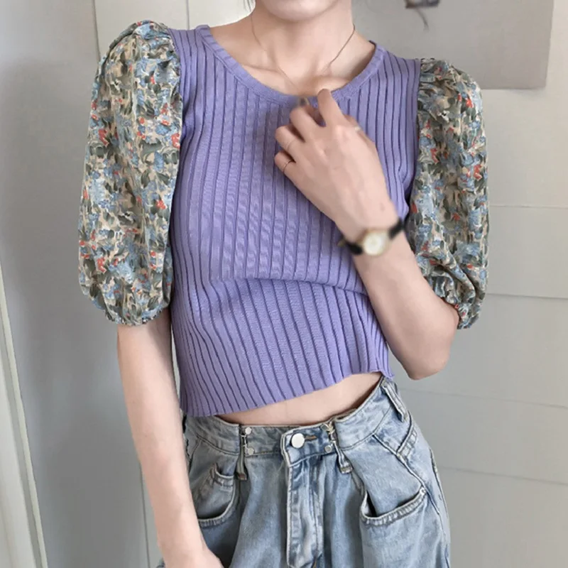 

Round Neck Summer Korean Short Sleeve Women's Casual Bubble Sleeve Slim Knitted Top