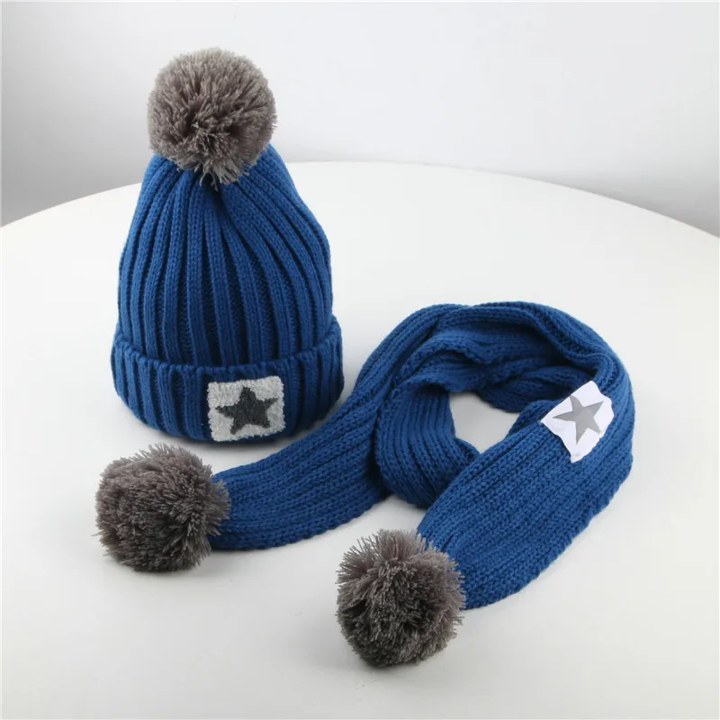 

2ps kids stars knited hat baby winter hat with scarf infant fur ball hat set star kids unisex hat winter hat
