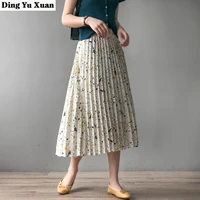 vintage floral print pleated long skirts summer women korean fashion skirt streetwear elastic high waist midi skirt maxi jupes
