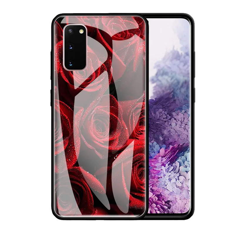 

Phone Case For Samsung Galaxy S20 FE S10 S9 S8 Plus Note 20 Ultra 10 Lite 9 8 Glass Back Cover Shockproof Shell Roses Art Red