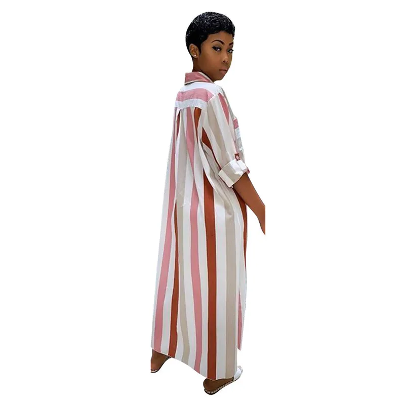 Размера плюс рубашка с длинными рукавами платье для женщин Полосатая Рубашка