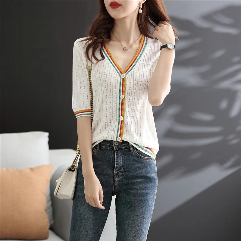 

Real Color V Neckline Short Sleeve Knitted T-shirt Crop Top Sweater Women Cardigan Fall Sweaters for Women Fall 2021 Women