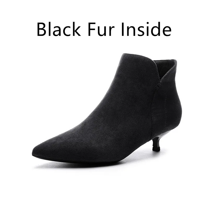 Black Fur 1 Черные зимние ботинки; коллекция года; женская обувь; женские ботильоны на молнии; ботильоны для женщин из флока на высоком каблуке с острым носком; Mujer - Цвет: Black Fur 1