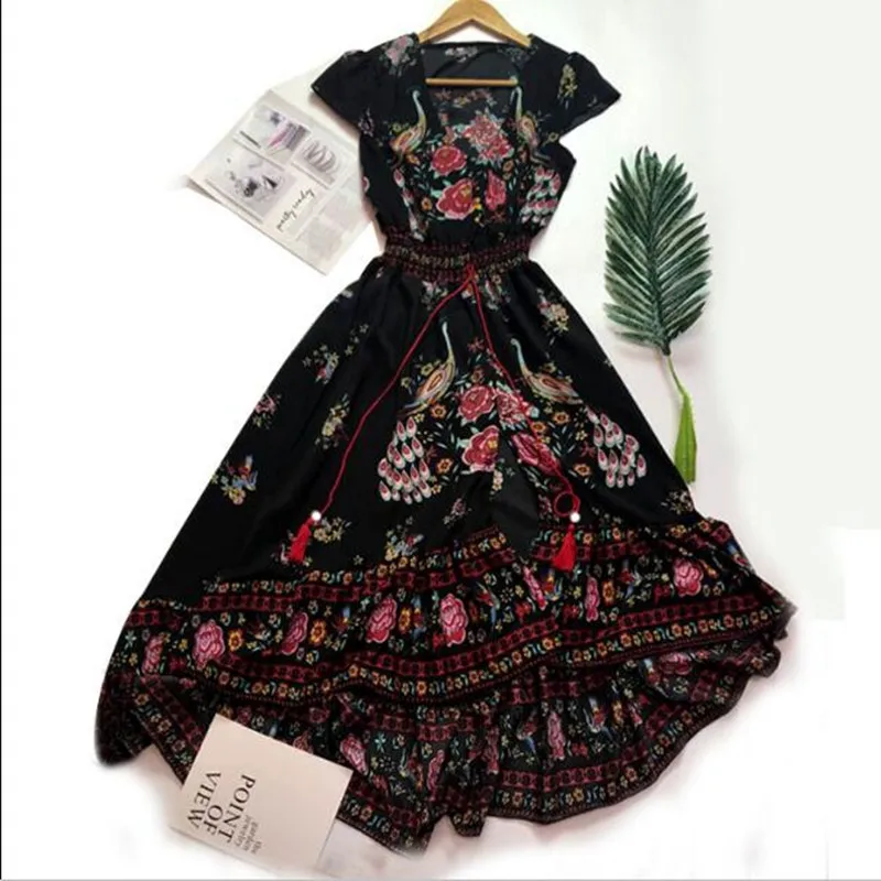 Богемные женские платья с коротким рукавом и глубоким вырезом Sukienki Rose цветочным