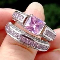 2pcsset vintage geometric pink crystal rhinestones ring set for women accessories engagementwedding band jewelry gift