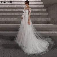 thinyfull empire lace wedding dresses for pregnant woman half sleeves sheer o neck soft tulle maternity bride dress plus size