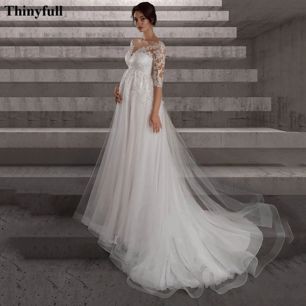 Thinyfull Empire Lace Wedding Dresses For Pregnant Woman Half Sleeves Sheer O-Neck Soft Tulle Maternity Bride Dress Plus Size | Свадьбы и