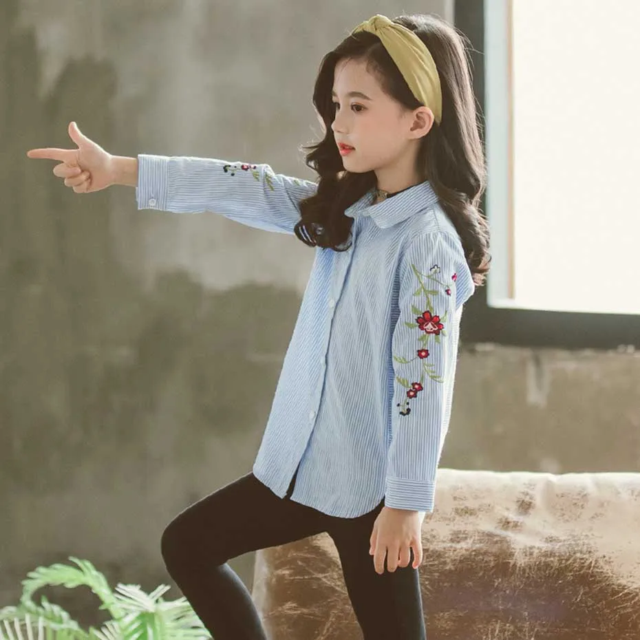 Рубашка для девочек полосатая блузка детская с цветочной вышивкой весна осень