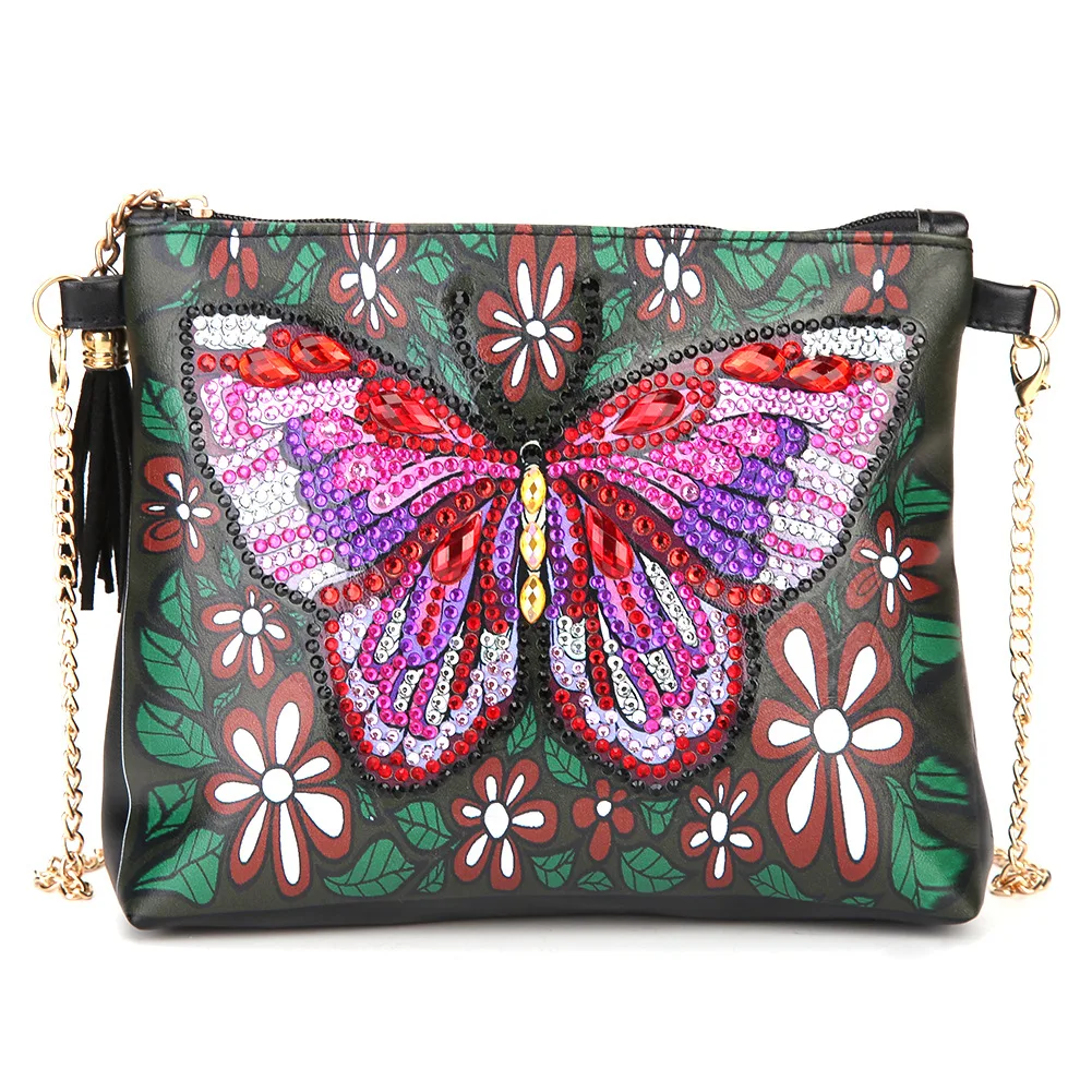 

DIY Leather Butterfly Shoulder Bag Special Shaped Diamond Painting Flowers Tassel Women Clutch Bag Diamond Mosaic Gift for Lady