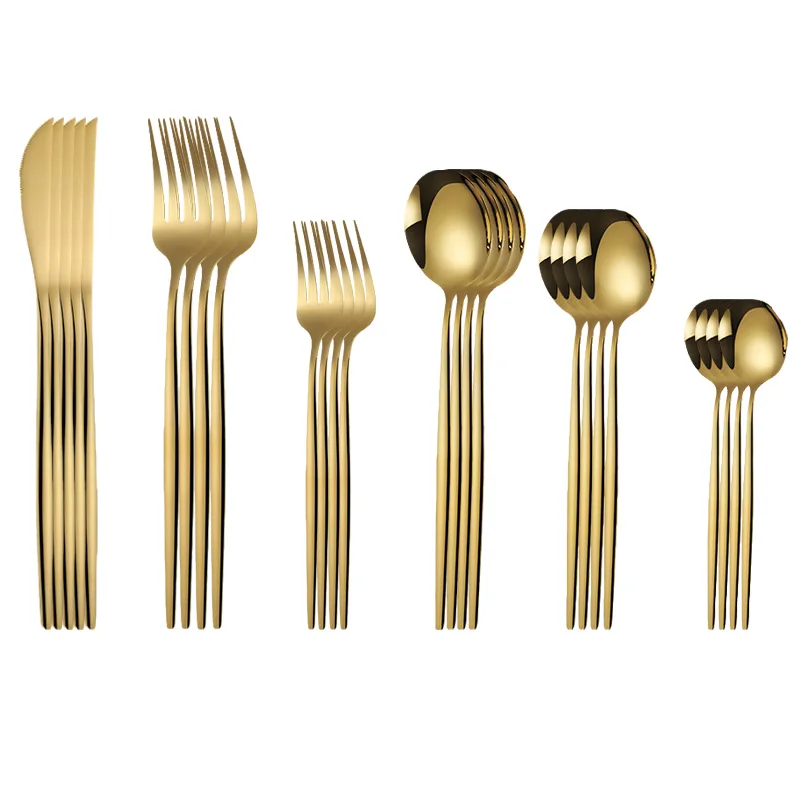 

24pcs Gold Dinnerware Set Stainless Steel Cutlery Set Kitchen Mirror Tableware Set Knife Dessert Fork Tea Coffee Spoon Dinner