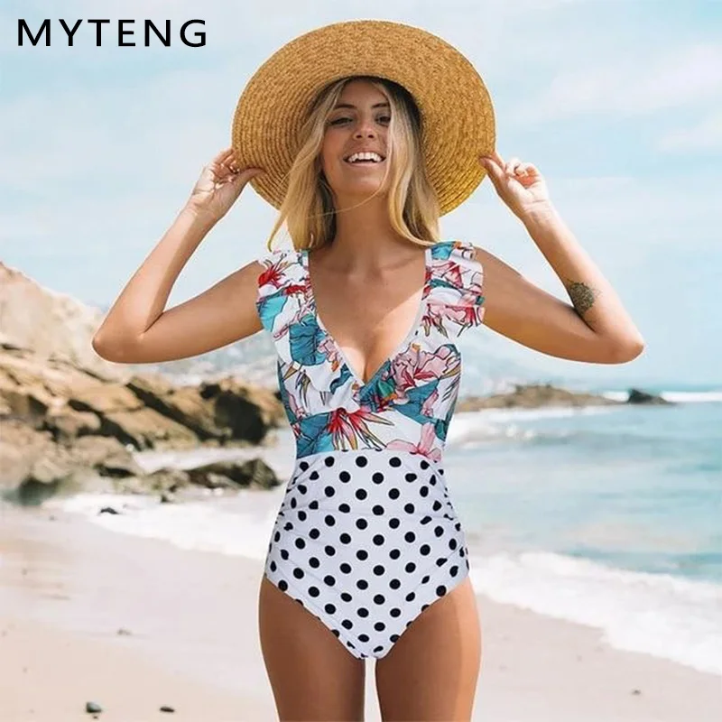 Пикантная обувь в стиле ретро с цветочным принтом Цельный купальник для женщин