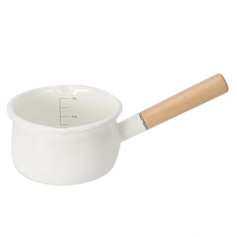 

Enamel Milk Pot Single Handle Pan Wooden Handle Gas Stove Induction Cooker Baby Breakfast Milk Coffee Pot Cookware